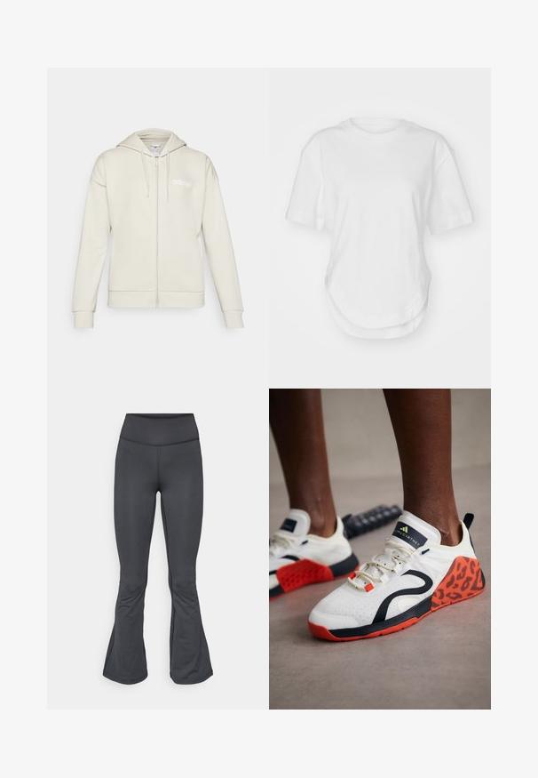 Světle béžová zipová mikina z měkkého materiálu. Má kapuci, přední kapsy a bílé logo adidas na levé straně hrudi.; Bílý bavlněný tričko s kulatým výstřihem, krátkými rukávy a zaobleným lemem. Hladká textura bez vzorů nebo akcentů.; Šedé legíny s rozšířeným dolním designem, vyrobené z hladkého, elastického materiálu, se zvýšeným pasem a bezešvou konstrukcí.; Bílé atletické boty s černým a oranžovým leopardím potiskem. Mají textilní svršek, gumovou podrážku a systém šněrování.