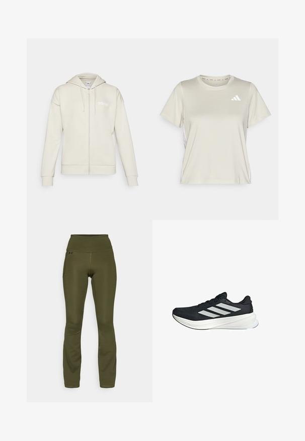 Lichtbeige ritshoodie van zacht materiaal. Beschikt over een capuchon, voorzakken en een wit adidas-logo op de linkerkant van de borst.; adidas Performance TRAIN ESSENTIALS 3STRIPES WORKOUT - Sport T-shirt - alumina/white; Olijf groene leggings met een hoge tailleband, gemaakt van rekbaar materiaal. Voorzien van een zijzak en vlakke naden voor comfort en flexibiliteit.; Zwarte sportschoen met een textuur bovenwerk, voorzien van drie witte strepen aan de zijkant en een witte tussenzool. Lichtgewicht ontwerp, gestroomlijnde vorm.