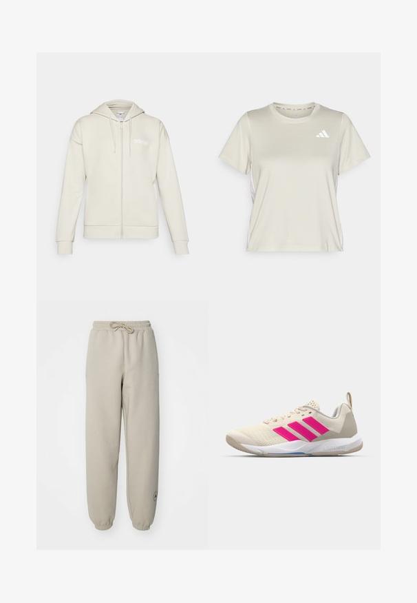 Ljust beige zip-up hoodie gjort av mjukt tyg. Har en huva, framfickor och en vit adidas-logotyp på vänster bröst.; adidas Performance TRAIN ESSENTIALS 3STRIPES WORKOUT - T-shirt till träning - alumina/white; Beige träningsbyxor med elastisk midja och dragsko, med sidofickor och en logodetalj på underbenet. Texturerat tyg.; Beige idrottssko med rosa tre-stripes logotyp, texturerad meshöverdel, vadderad krage och vit gummisula, med "LIGHTSTRIKE"-branding.