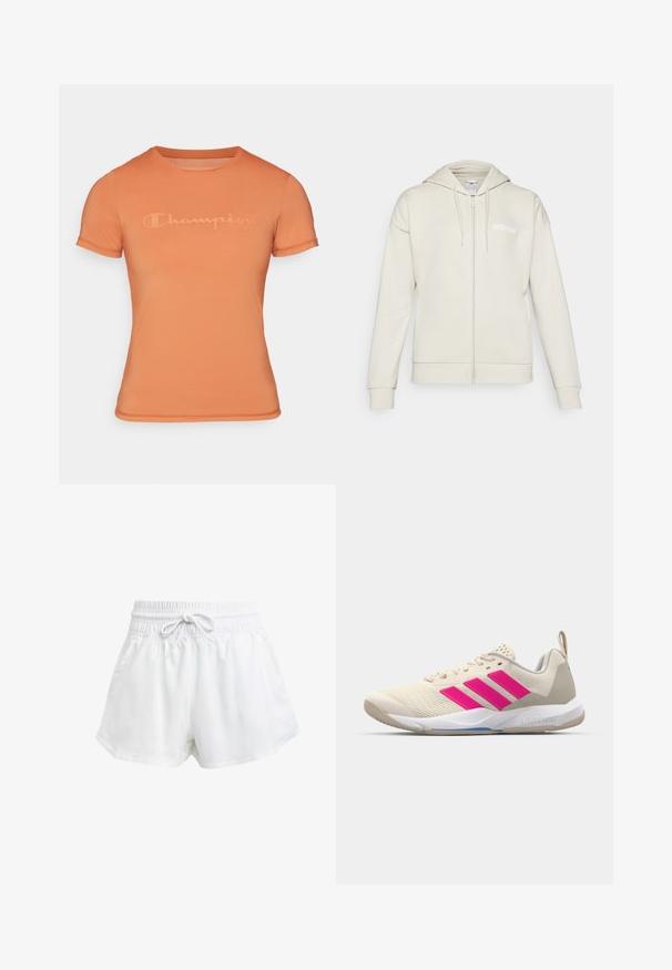 Lys beige zip-hoodie lavet af blødt stof. Har en hætte, frontlommer og et hvidt adidas-logo på venstre bryst.; Kortærmet orange t-shirt lavet af glat stof, med et diskret præget "Champion" logo på forsiden og rund halsdesign.; Hvide atletiske shorts med elastisk talje og justerbar snor. Fremstillet af letvægtsmateriale, med sidelommer og en løs pasform.; Beige sportsko med pink tre-stribede logo, tekstureret mesh overdel, polstret krave og hvid gummisål, med "LIGHTSTRIKE" branding.