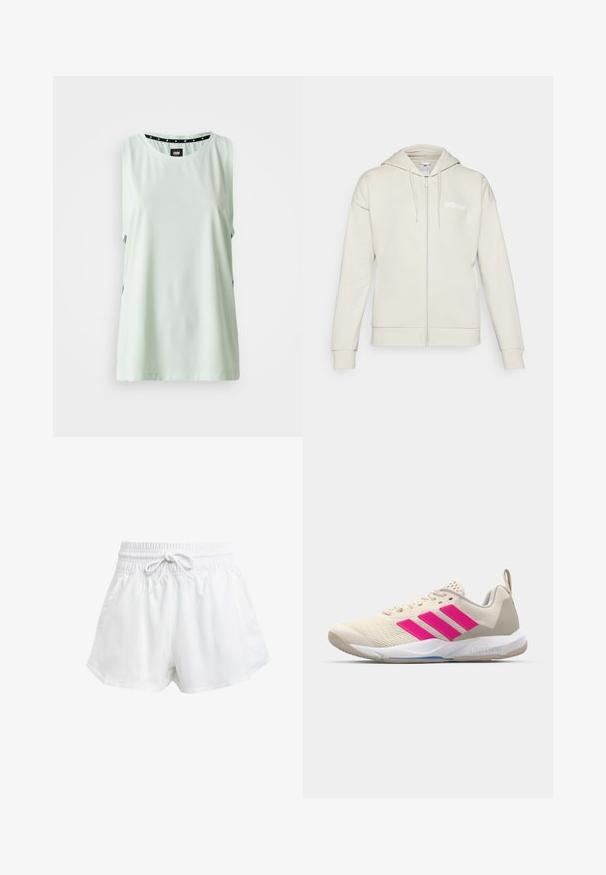 Lys beige zip-hoodie lavet af blødt stof. Har en hætte, frontlommer og et hvidt adidas-logo på venstre bryst.; Mintgrøn ærmeløs top med rund halsudskæring, glat tekstur og udsparing i siderne; har et sort prikket stof ved halsen.; Hvide atletiske shorts med elastisk talje og justerbar snor. Fremstillet af letvægtsmateriale, med sidelommer og en løs pasform.; Beige sportsko med pink tre-stribede logo, tekstureret mesh overdel, polstret krave og hvid gummisål, med "LIGHTSTRIKE" branding.
