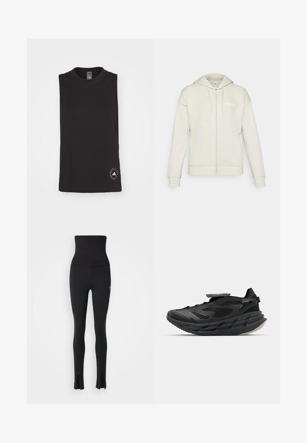 Lys beige zip-hoodie lavet af blødt stof. Har en hætte, frontlommer og et hvidt adidas-logo på venstre bryst.; Sort ærmeløs top lavet af blød bomuld, med en rund halsudskæring og et cirkulært logo i hvidt nederst til højre.; adidas by Stella McCartney Tights - black; adidas by Stella McCartney ADISTAR - Træningssko - core black/utility black/almond milk