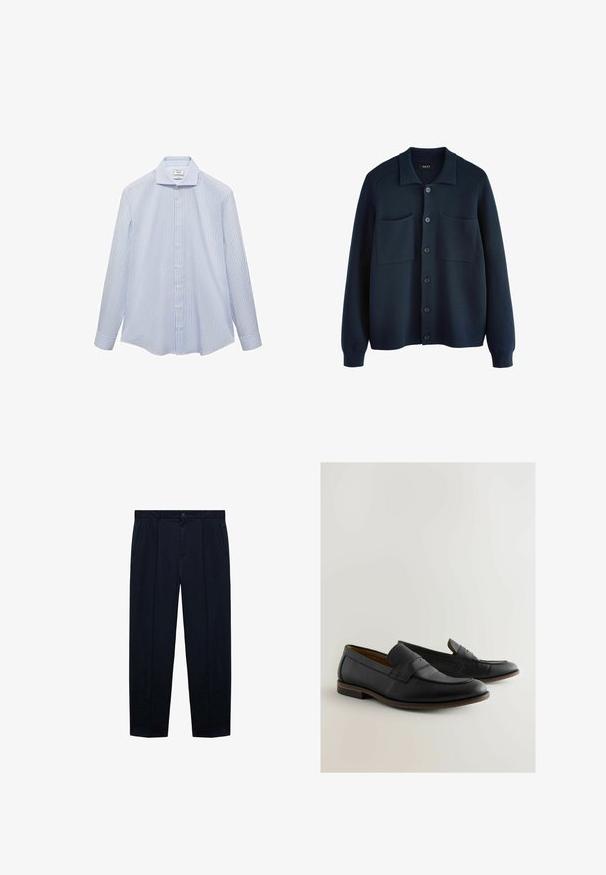 Marineblaue Strickjacke mit Kragen, vorderem Knopfverschluss und zwei aufgesetzten Taschen. Weiche Textur und gerippte Bündchen.; Hellblaues Langarmhemd mit weißen vertikalen Streifen, Button-Down-Kragen und Vorderknöpfen. Glatte Stoffqualität mit strukturierter Passform.; Marineblaue, flache Hosen aus leichtem Stoff mit glatter Textur; verfügen über einen Knopfverschluss und zwei Seitentaschen.; Schwarze Lederloafer mit strukturiertem Finish, runder Zehenpartie und einem dekorativen Riemen über dem Obermaterial sowie einem niedrigen Absatz.