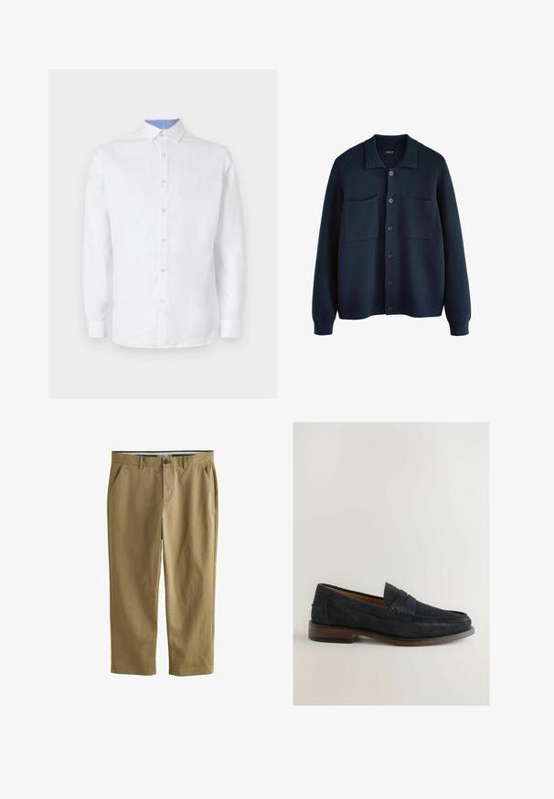 Tummansininen neuleliivi, jossa on kauluskeraus, etunumero ja kaksi läpällistä taskua. Pehmeä pinta ja ribbitut hihansuut.; Valkoinen pitkähihaisessa paidassa on napitus etupuolella, ja sen kaulus ja hihansuut sisältävät vaalean sinisen ruutukuosin. Paitaa koristaa sileä kangas.; Khaki chinot, joka on valmistettu puuvillasekoitteesta. Niissä on kaksi sivutaskua, nappikiinnitys, suorat lahkeet ja sileä pinta.; Tummansininen mokkanahkatoffeli, jossa on ommeltu koriste ja matala ruskea puinen kanta. Pyöreä kärki ja liukupohjainen malli ilman näkyvää kalustoa.