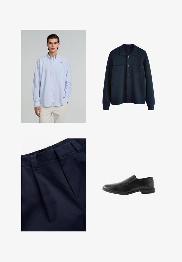 Tummansininen neuleliivi, jossa on kauluskeraus, etunumero ja kaksi läpällistä taskua. Pehmeä pinta ja ribbitut hihansuut.; Vaaleansininen ja valkoinen raitapaita, jossa on pitkät hihat; sisältää kauluksen ja pienen brodeeratun logon rinnassa.; Navy-harmaat pleidatut housut, joissa on sileä, teksturoitu kangas. Ominaisuuksiin kuuluu litteä vyötärönauha ja vyölenkit, jotka on suunniteltu mukavuutta ja istuvuutta varten.; Musta nahkainen liukuvat jalkineet, joissa on sileä pinta, hieman teräväkärkinen varvas, matala korko ja minimalistinen ompelu yläosassa.