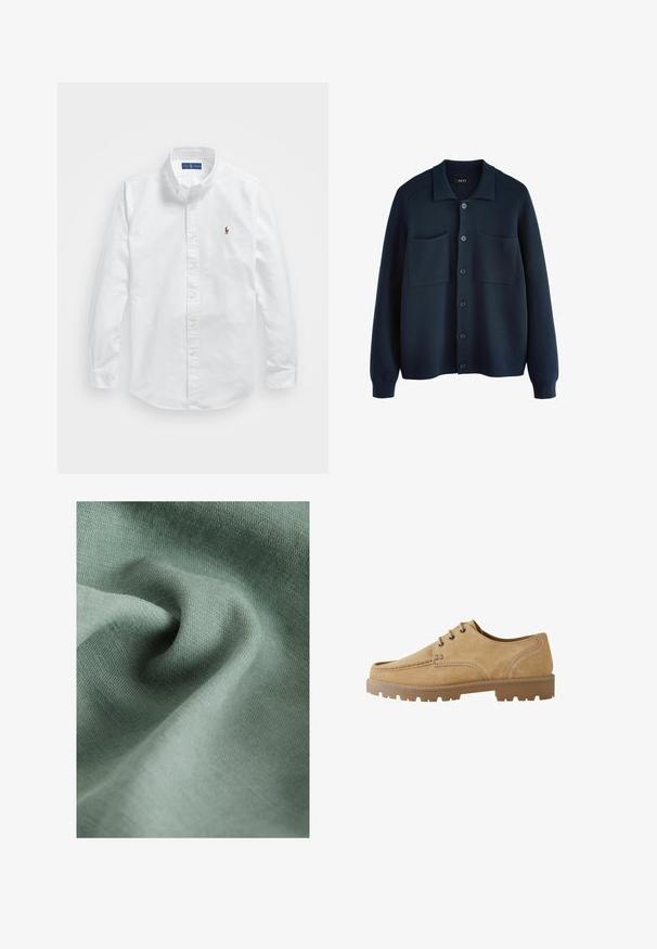 Námořnický modrý pletený kardigan s límcovým výstřihem, předním zapínáním na knoflíky a dvěma našitými kapsami. Měkká textura a ribbované manžety.; Bílá bavlněná košile na knoflíky s klasickým límcem, dlouhými rukávy a malým vyšívaným logem na levé hrudi.; Světlé zelené látky s jemně strukturovaným povrchem, který má měkké záhyby a vrásky, vytvářející hladký a delikátní vzhled.; Hnědé semišové šněrovací boty s kulatou špičkou, kontrastním prošíváním a silnou gumovou podrážkou s pryžovým vzorem pro lepší trakci.