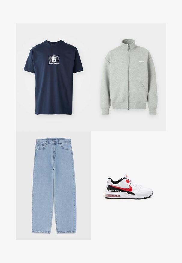Sudadera gris con cremallera, hecha de tela suave, con cuello alto, dos bolsillos frontales y una marca minimalista en blanco en el pecho.; Camiseta de algodón azul marino con manga corta, escote redondo y un gráfico blanco que presenta un escudo de armas y el texto "los nuevos originales".; Jean de mezclilla azul claro con diseño de pierna recta, con una cintura de altura media, cinco bolsillos y un cierre de botón y cremallera.; Zapatilla deportiva blanca con detalles en negro y rojo, que presenta un upper de cuero suave, parte frontal con cordones y una amortiguación de aire visible en la suela.