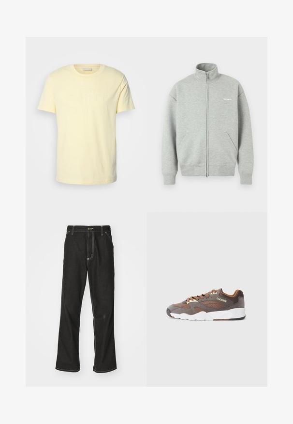 Harmaa vetoketjullinen collegepaita, tehty pehmeästä kankaasta, jossa on korkea kaulus, kaksi etutaskua ja vähäeleinen valkoinen brändäys rinnassa.; GANT TONAL SHIELD - Printtipaita - yellow shine; Mustat farkut, joissa on löysä istuvuus, erottuva valkoinen ompelu, nappikiinnitys ja suora lahje.; Lacoste lenkkarit harmaana, ruskeilla yksityiskohdilla ja teksturoidulla mokkakuomalla. Varustettu rei'itetyillä paneeleilla, ruskeilla nauhoilla ja valkoisella kumipohjalla.