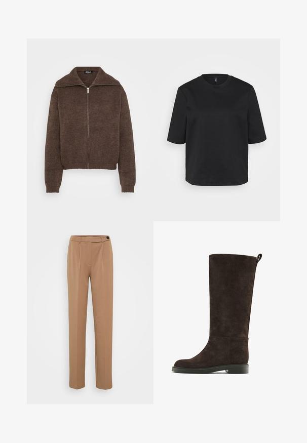 Pull en maille marron avec col montant et fermeture éclair à l'avant. Présente des poignets et un ourlet côtelés, offrant une apparence texturée.; T-shirt noir à col rond en coton, avec des manches courtes et une coupe décontractée. Texture lisse sans motifs ni accents visibles.; Pantalon marron sur mesure à jambe droite, avec une fermeture à bouton unique et un design à plis à l'avant. Texture lisse, style minimaliste.; Botte en suède marron, montante jusqu'au genou, avec un bout arrondi, une semelle plate et un petit talon. Elle est dotée d'une languette à l'arrière pour un enfilage facile.