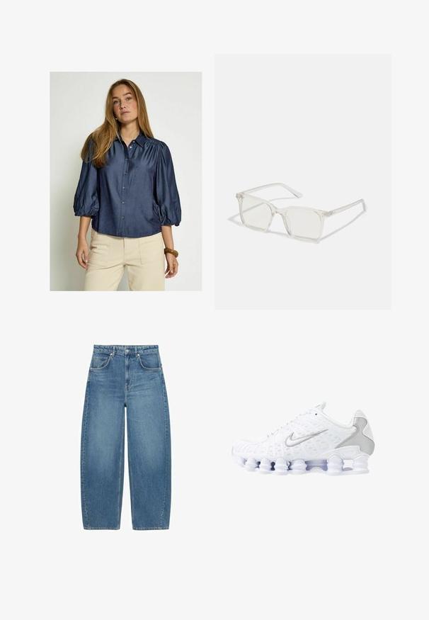Gul zip-up hoodie med dragsko på huvan, långa ärmar och en mjuk textur; har en känguruficka framtill.; Mörkblå knapp-up skjorta med puffärmar och krage, gjord av slät tyg. Har en rak nederkant och en subtil lyster.; Blå högmidjade vida jeans med framfickor och knäppning, uppvisade liggande på en vit bakgrund.; Vita sportskor med nätöverdel, silverdetaljer och en unik spiral såldesign. Har vadderad krage och snörning för passform.; Klart plastfyrkantiga glasögon med genomskinliga linser, med guldfärgade detaljer på bågarna för extra stil.; Blå kviltad denimaxelväska med en guld kedjestraps och en framträdande guldlogotyp på framsidan. Kompakt rektangulär form.
