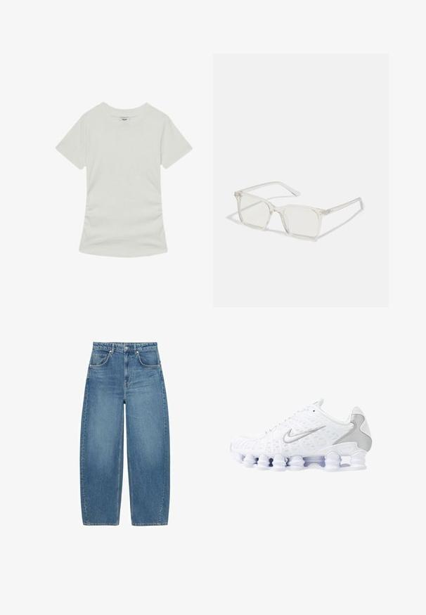 Gul zip-up hættejakke med snoretræk i hætten, lange ærmer og blød tekstur; har en kengurulomme foran.; Reiss REGULAR FIT  - T-shirts basic - white; Blå højtaljede brede bukser med forlommer og knaplukning, vist fladt på en hvid baggrund.; Hvide atletiske sko med mesh-overdel, sølvfarvede detaljer og et unikt spiral-såledesign. Har polstret krave og snørebåndslukning for en god pasform.; Klare plastiske briller med firkantet ramme og gennemsigtige linser, der har guld accenter på tempelstængerne for ekstra detaljer.; Blå quiltet denim skuldertaske med guld kæde-rem og en fremtrædende guldlogo-accent på forsiden. Kompakt rektangulær form.
