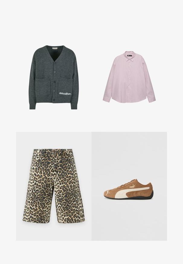 Harmaasta neulotusta neuletakista, jossa on V-pääntie, viisi mustaa nappia, kaksi etutaskua ja valkoinen logo-teksti "another" oikeassa alakulmassa.; Vaaleanpunainen nappipaita, jossa on pystysuunnassa sinisiä raitoja, kauluspäällinen, pitkät hihat ja löysä istuvuus. Valmistettu sileästä kankaasta, jossa on hieno kiilto.; Shortsit denim leopardikuvioilla, joissa on vaaleanruskea, musta ja beige kuvio, viisi taskua ja suora leikkaus.; Ruskean nahkaiset alhaiset tennarit, joissa on kerma valkoisia yksityiskohtia, teksturoitu pinta, musta kumipohja ja brodeerattu logo sivulla ja kielessä.
