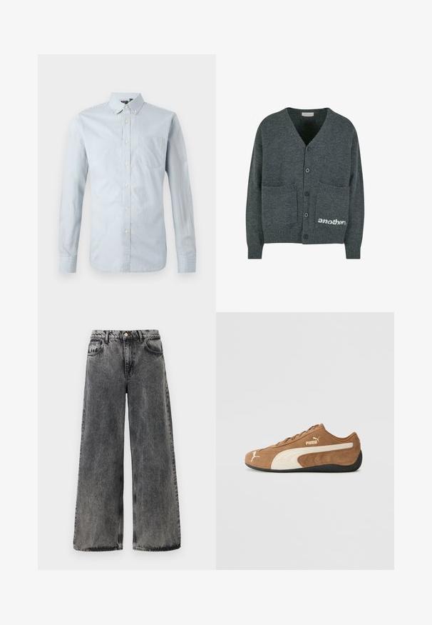 Cardigan gri tricotat cu decolteu în V, cinci nasturi negri, două buzunare frontale și un text alb cu logo-ul "another" în colțul din dreapta jos.; Cămașă cu nasturi de culoare albastru deschis, cu dungi verticale subțiri. Dispune de guler, mâneci lungi, un buzunar pe partea stângă a pieptului și detalii cu nasturi.; Jeans din denim negri cu croi larg și un finisaj decolorat. Au cinci buzunare, închidere cu nasture și cusături contrastante pe margini.; Tenis low-top din suede maro cu accente crem, suprafață texturată, talpă din cauciuc negru și logo brodat pe lateral și pe limbă.