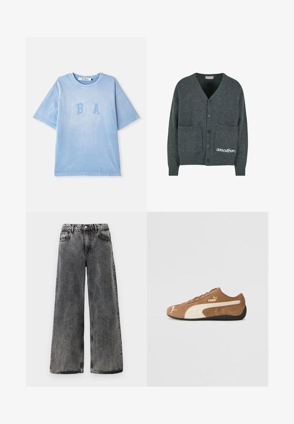 Halli kudum mantel V-kaelusega, viie musta nööbiga, kahe esiküljel oleva taskuga ning allosas paremal valge logo tekstiga "another".; Hele lilla puuvillane t-särk lühikeste varrukatega ja ümmarguse kaelusega. Omab broderitud "IBIZA" teksti veidi tumedamas sinises. Sile tekstuur.; Laiad mustad teksad, millel on kulunud viimistlus. Omavad viit taskut, nööp kinnitust ja kontrastset õmblust õmblustel.; Pruun sametist madala profiiliga tennis ногавики kreemi tooni detailidega, tekstureeritud pind, must kummist tallaga ja broderitud logo külje ja keele peal.