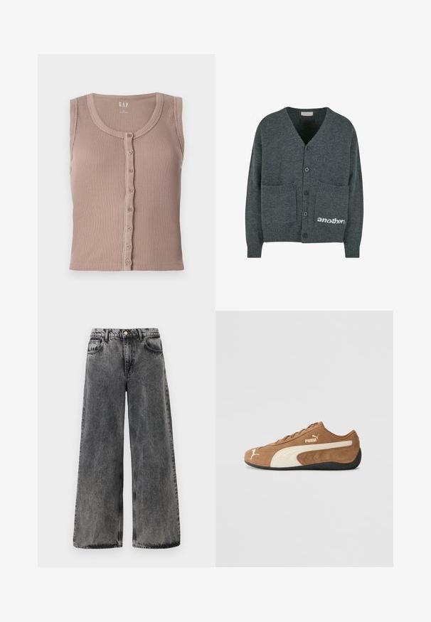 Cardigan en tricot gris avec un col en V, cinq boutons noirs, deux poches avant et un texte logo blanc "another" en bas à droite.; Débardeur en maille marron avec un col rond et un devant à boutons, présentant des rayures texturées horizontales et sans manches. Fabriqué en tissu doux.; Jean en denim noir à jambe large avec une finition délavée. Comprend cinq poches, une fermeture à bouton et des coutures contrastées le long des coutures.; Baskets basses en daim marron avec des accents crème, surface texturée, semelle en caoutchouc noir et logo brodé sur le côté et la languette.