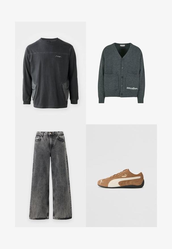 Sivi pleteni kardigan s V-izrezom, pet crnih gumba, dva prednja džepa i bijeli logotip "another" u donjem desnom kutu.; Crna majica dugih rukava s okruglim izrezom. Ima dva bočna džepa i grafiku planine na prsima. Napravljena je od mekanog pamučnog materijala.; Široke crne traperice s izblijedjelim završetkom. Imaju pet džepova, zatvaranje na dugme i kontrastne šavove duž šavova.; Smeđi zamjubljeni niskopodni tenisice s kremastim akcentima, teksturiranom površinom, crnim gumeni potplat, i izvezenim logom na strani i jeziku.