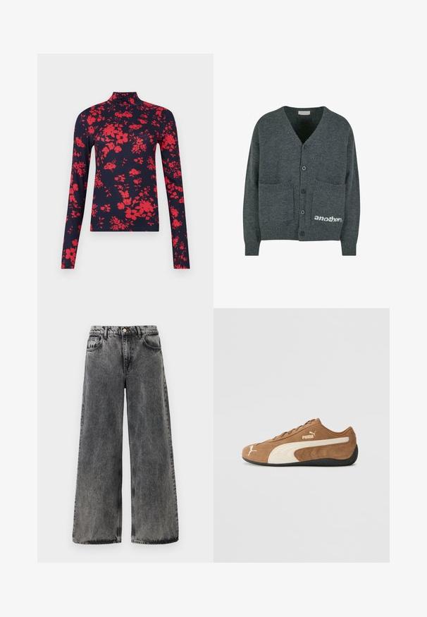 Cardigan gri tricotat cu decolteu în V, cinci nasturi negri, două buzunare frontale și un text alb cu logo-ul "another" în colțul din dreapta jos.; Pulover cu guler înalt, din material de culoare bleumarin, cu mânecă lungă și model floral roșu, având un design ajustat și textură moale.; Jeans din denim negri cu croi larg și un finisaj decolorat. Au cinci buzunare, închidere cu nasture și cusături contrastante pe margini.; Tenis low-top din suede maro cu accente crem, suprafață texturată, talpă din cauciuc negru și logo brodat pe lateral și pe limbă.