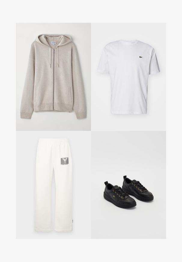 Lichtgrijze ritshoodie van zacht materiaal, met een trekkoordkap, zijzakken, geribbelde manchetten en een klein logo op de borst.; Witte katoenen T-shirt met een ronde hals, korte mouwen en een klein groen geborduurd logo op de borst. Klassiek recht fit ontwerp.; Witte katoenen sweatpants met een elastische tailleband, met een grafische logopatch in zwart en grijs aan de linkerkant.; Zwarte leren sneakers met gouden ogen en veters, gestructureerd oppervlak, ronde neus en een dikke zwarte zool. Eenvoudig, modern ontwerp met een trekstrip aan de achterkant.