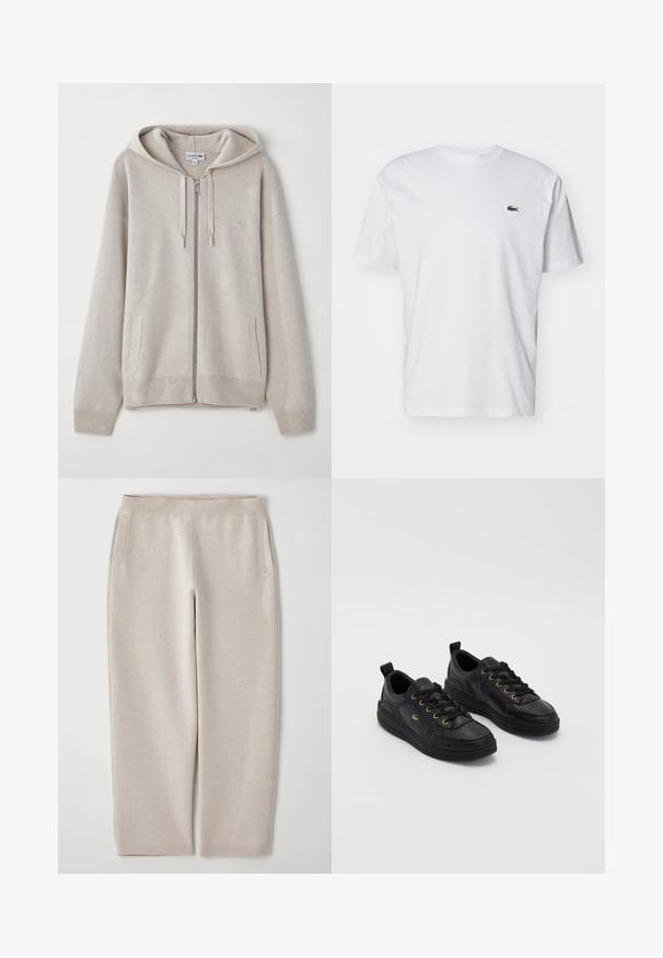 Lichtgrijze ritshoodie van zacht materiaal, met een trekkoordkap, zijzakken, geribbelde manchetten en een klein logo op de borst.; Witte katoenen T-shirt met een ronde hals, korte mouwen en een klein groen geborduurd logo op de borst. Klassiek recht fit ontwerp.; Beige sweatpants van zachte stof, met een brede tailleband, zijzakken en taps toelopende pijpen voor een ontspannen pasvorm.; Zwarte leren sneakers met gouden ogen en veters, gestructureerd oppervlak, ronde neus en een dikke zwarte zool. Eenvoudig, modern ontwerp met een trekstrip aan de achterkant.