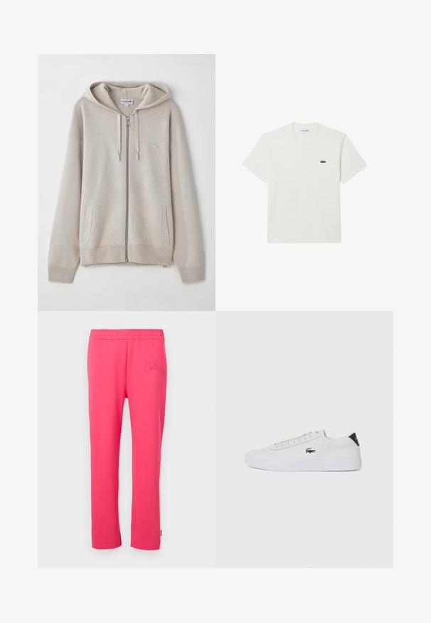Sudadera con cremallera color gris claro, hecha de un tejido suave, que cuenta con una capucha ajustable con cordón, bolsillos laterales, puños de canalé y un pequeño logo en el pecho.; Camiseta de algodón blanca con mangas cortas y cuello redondo. Presenta un pequeño logo bordado de Lacoste en el lado izquierdo del pecho.; Pantalones de lounge de algodón rosa con una cinturilla elástica y detalle de logo bordado en la parte delantera. Cuenta con un diseño de pierna recta.; Zapatilla de cuero blanca con punta redonda, parte frontal con cordones y acento negro en el talón. Presenta un pequeño logo de cocodrilo bordado en el lateral.