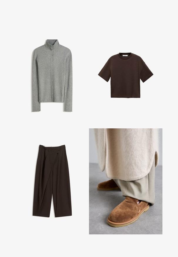 Jasnoszara, prążkowana kardiganka z wysokim kołnierzem, z zapięciem na guziki z przodu i długimi rękawami. Miękka tekstura i dopasowany krój.; Brązowa koszulka z krótkim rękawem, wykonana z miękkiej bawełny. Posiada okrągły dekolt i luźny krój, charakteryzuje się gładką fakturą i brakiem widocznych wzorów.; Ciemnobrązowe szerokie spodnie o wysokim stanie, z pojedynczym zapięciem na guzik i plisowanym przodem. Wykonane z lekkiego materiału.; Brązowe zamszowe buty slip-on z zaokrąglonym noskiem, gumową podeszwą i bocznymi wycięciami, w połączeniu z jasnobeżowymi spodniami od garnituru.