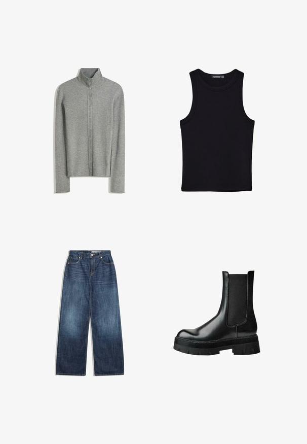 Svijetlosivi rebrasti kardigan s visokim ovratnikom, s prednjim zatvaranjem na gumbe i dugim rukavima. Mekana tekstura s uskim krojem.; Crni top bez rukava od pamuka, s okruglim izrezom i širokim izrezima za ruke. Glatka tekstura s ušivenim rubovima. Klasičan, minimalistički dizajn.; Široke traperice od tamnoplavog denima, s pet džepova, laganom šavom i kopčanjem na struku.; Crna kožna gležnjača s elastičnim bočnim panelom, okruglim vrhom, grubom platformskom potplatom i teksturiranom gornjom stranom za bolji hvat.