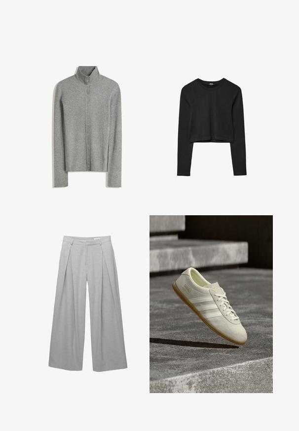 Light gray ribbed cardigan with a high collar, featuring a button-down front and long sleeves. Soft texture with a fitted design.; Black long-sleeve cropped top with round neckline, plain design, and a slightly curved hem.; Light gray wide-leg trousers, made from textured fabric, featuring front pleats, belt loops, and a tailored waist. No visible closures.; White suede sneaker with three textured white stripes, a rubber gum sole, and a gold logo on the side, featuring a minimalist design.