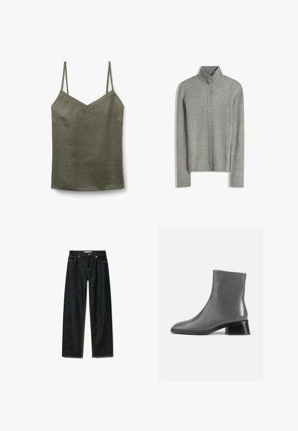 Lys grå ribbet cardigan med høj krave, der har knaplukning foran og lange ærmer. Blød tekstur med en tætsiddende pasform.; Oliven grøn, let tanktop med V-udskæring og tynde justerbare stropper. Glat tekstur med subtil glans og minimale syningsdetaljer.; Mørke denim jeans med lige snit, messingknaplukning og kontrasterende gul syninger. Har fem lommer og et klassisk fit.; Grå læder ankelstøvle med rund tå og en kort, stablet sort hæl. Glat tekstur med minimal detaljer.