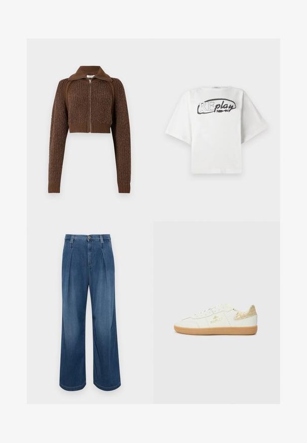 Replay CROPPED ZIP - Ζακέτα - wood; Replay Μπλουζάκι με στάμπα - off white; Παντελόνια τζιν σε ίσια γραμμή με μεσαία μπλε απόχρωση. Διαθέτουν κλείσιμο με κουμπί, δύο πτυχώσεις μπροστά και αντίθετες ραφές. Μαλακή υφή και λείο φινίρισμα.; Replay PYPER W TRADE - Αθλητικά παπούτσια - white