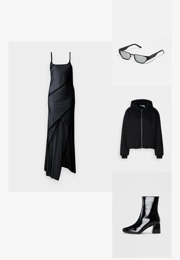 Must kübaravööga tõmblukuga sviiter, valmistatud pehmest kangast. Omab mugavat lõiget, soonikkoes käiseid ja rünnakuga hemmi. Pole nähtavaid mustreid ega logosid.; Must musträtik, õhukeste rihmadega, diagonaalse paneelimisega ja voolava seeliku osa. Sile tekstuur ja minimalistlik disain.; Must must jalanõud, millel on terava nina ja ruudukujuline plokk konts. Sile tekstuur kõrgläikega viimistlusega, ilma nähtavate kaunistusteta.; Mustad mustreeritud mustad prillid, millel on ristkülikukujulised läätsed, matt viimistlus ja kerge nurga kuju. Omab läbipaistvaid ninapaded ja minimaliseeritud disaini.; Mustad kootud nahast käsitasku, millel on kuldne ahelaga rihm ja klambri sulgemine, millel on ringikujuline aksessuaar. Kompaktne ristkülikukujuline kuju.