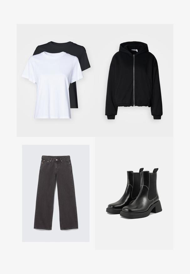 Giacca nera con cappuccio e zip, realizzata in tessuto morbido. Presenta una vestibilità rilassata, polsini a costine e orlo arricciato. Nessun motivo o logo visibile.; Due magliette a maniche corte, di colore nero e bianco, realizzate in cotone morbido, con un classico colletto rotondo e una vestibilità regolare.; Jeans a gamba larga realizzati in denim grigio scuro. Caratteristiche includono una vita alta, accessori in rame e un classico design a cinque tasche.; Stivali Chelsea in pelle nera con tacco spesso, pannelli elasticizzati sui lati e cuciture bianche a contrasto. Finitura testurizzata.