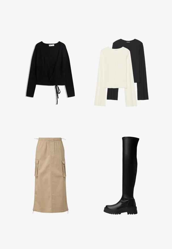 Czarny kardigan z długimi rękawami, głębokim dekoltem w serek i regulowanym wiązaniem w pasie. Miękka faktura, swobodny fason.; Zestaw dwóch bluzek z długim rękawem w kolorze białym i czarnym. Prążkowana struktura, okrągły dekolt, dopasowany fason z lekko rozszerzanymi rękawami.; Beżowa spódnica cargo wykonana z lekkiego materiału, z elastycznym pasem, dwoma bocznymi kieszeniami oraz sznureczkiem na dole.; Kozaki czarne do kolan wykonane z gładkiej sztucznej skóry, z grubą podeszwą i detalami w bocznej części, z przeszyciami wzdłuż górnej krawędzi.