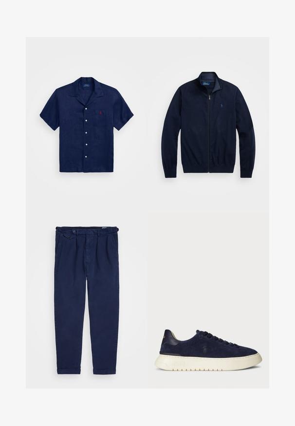 Navy zip-up jacket, made of soft fabric. Features a stand-up collar, ribbed cuffs, and a small embroidered logo on the left chest.; Navy blue short-sleeve shirt made of linen with a button-up front, pointed collar, single chest pocket, and red logo on the pocket.; Navy chinos made from cotton, featuring a straight-leg cut, front pleats, button closure, and rolled cuffs. Smooth texture with minimal design.; Navy suede low-top sneaker with a textured surface, rubber sole, and tonal laces, featuring a small logo on the side and heel.