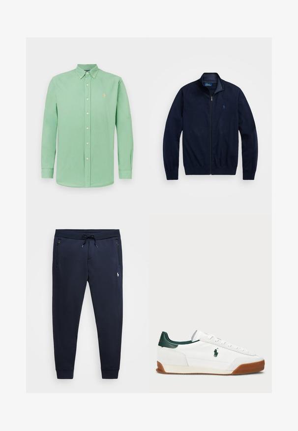 Jaqueta azul-marinho com fecho zip, feita de um tecido suave. Apresenta um colarinho elevado, punhos ribateados e um pequeno logótipo bordado no lado esquerdo do peito.; Camisa de botão de manga longa verde clara com colarinho abotoado e pequeno logotipo bordado no lado esquerdo do peito.; Calças de fato de treino azul-marinho, feitas de uma mistura de algodão suave, com cintura ajustável, bolsos com fecho éclair e um pequeno logótipo na coxa esquerda.; Sapatilha branca com detalhes em pele verde e sola em borracha bege. Apresenta um corpo em tecido e um logótipo proeminente na lateral. Design com atacadores.