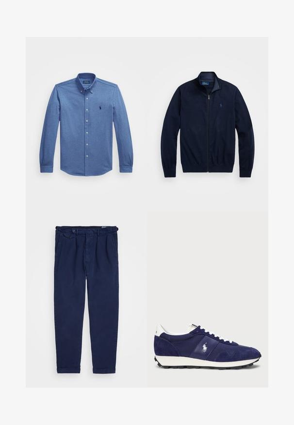 Tamsiai mėlynas zip-up džemperis, pagamintas iš minkštos medžiagos. Savybės: pakeltas apykaklė, raukiniai rankogaliai ir nedidelis siuvinėtas logotipas kairėje krūtinės pusėje.; Mėlynas ilgomis rankovėmis marškinėliai su mygtukais, pagaminti iš medvilnės mišinio. Ypatybės: smailus apykaklė, penkių mygtukų uždarymas ir mažas siuvinėtas logotipas ant krūtinės.; Jūriniai chinos kelnės, pagamintos iš medvilnės, pasižyminčios tiesia kirpimo forma, priekinėmis raukšlėmis, sagčių uždarymu ir užvyniotais džinsais. Lygus tekstūra su minimalizuotu dizainu.; Jūrų pajėgų sportbačiai, pagaminti iš zomšos ir audinio, su baltais raišteliais, guma padą ir mažu logotipu šone.