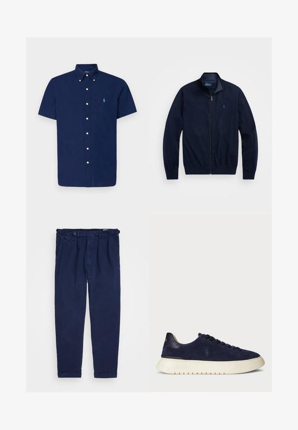 Tamsiai mėlynas zip-up džemperis, pagamintas iš minkštos medžiagos. Savybės: pakeltas apykaklė, raukiniai rankogaliai ir nedidelis siuvinėtas logotipas kairėje krūtinės pusėje.; Tamsiai mėlynas trumpomis rankovėmis marškiniai su mygtukais, turintis smailų apykaklę ir mažą šviesiai mėlyną polo logotipą. Savybės: balti mygtukai ir lygi, tekstūruota medžiaga.; Jūriniai chinos kelnės, pagamintos iš medvilnės, pasižyminčios tiesia kirpimo forma, priekinėmis raukšlėmis, sagčių uždarymu ir užvyniotais džinsais. Lygus tekstūra su minimalizuotu dizainu.; Tamsiai mėlyni jovimo odos žemi sportbačiai su tekstūruotu paviršiumi, guma padais ir tonuotais raišteliais, su mažu logotipu šone ir ant kulno.