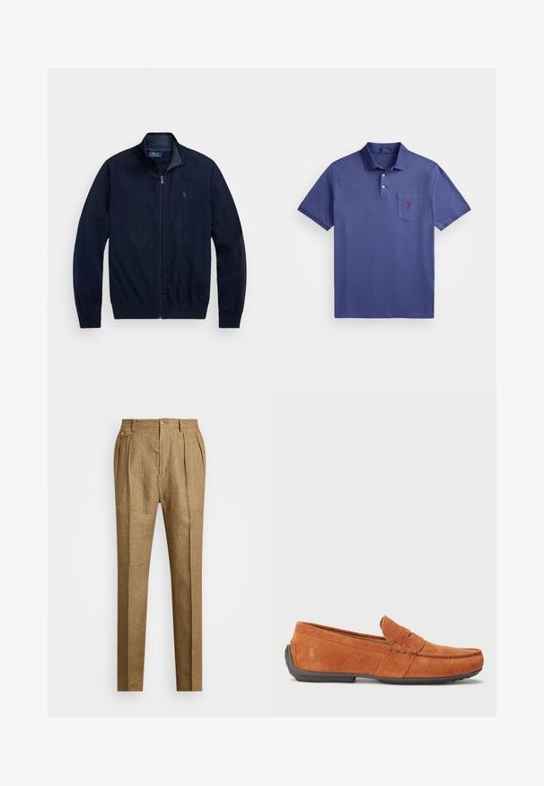 Námořnická zipová bunda vyrobená z jemné tkaniny. Má stojáčkový límec, ribbed manžety a malé vyšívané logo na levé hrudi.; Fialové polo tričko vyrobené z bavlny, s tříknoflíkovou légou, krátkými rukávy a náprsní kapsou s vyšitým červeným logem.; Fialové polo tričko vyrobené z bavlny, s tříknoflíkovou légou, krátkými rukávy a náprsní kapsou s vyšitým červeným logem.; Hnědé kostkované kalhoty se strukturovaným střihem, s tolikovým předním dílem, dvěma bočními kapsami a zapínáním na knoflík. Hladká textura s propracovaným designem.; Hnědé semišové mokasíny s designem moccasin, které mají prošívanou špičku, jsou nazouvací a mají gumovou podešev pro lepší trakci.