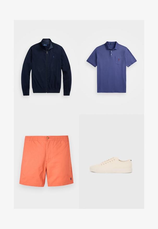 Tamsiai mėlynas zip-up džemperis, pagamintas iš minkštos medžiagos. Savybės: pakeltas apykaklė, raukiniai rankogaliai ir nedidelis siuvinėtas logotipas kairėje krūtinės pusėje.; Violetinio polo marškinėlių, pagamintų iš medvilnės, su trimis mygtukais, trumpomis rankovėmis ir krūtinės kišenėle su raudonos spalvos logotipo siuvinėjimu.; Koralo oranžinės maudymosi šortai, pagaminti iš lengvos medžiagos, su elastine juosmens juosta ir mygtuku, šoninėmis kišenėmis ir mažu tamsiai mėlynu logotipu.; Šviesiai rudos drobės sportbačiai su apvalia nosimi, plokščiu guminiu padu ir raišteliais priekyje. Pasižymi minimalizmu ir juodu akcentu kulne.