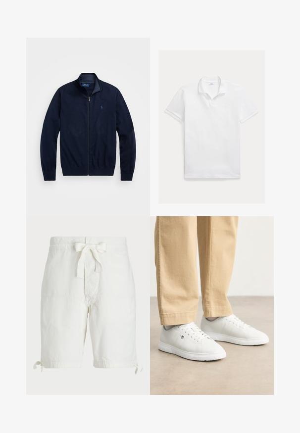 Navy zip-up jacket, made of soft fabric. Features a stand-up collar, ribbed cuffs, and a small embroidered logo on the left chest.; White polo shirt made of cotton. Features a classic collar, short sleeves, and an embroidered logo on the chest. Smooth, lightweight texture.; White cotton shorts with a drawstring tie at the waist, rolled hem with ties, and flat front pockets. Smooth, lightweight fabric texture.; White leather sneakers with a smooth finish, featuring round toe, lace-up design, and subtle logo detail on the side, paired with beige pants.