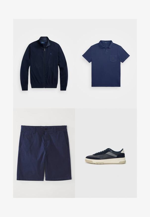 Jachetă cu fermoar navy, dintr-un material moale. Prezintă un guler înalt, manșete cu răsucire și un mic logo brodat pe pieptul stâng.; Poncho de culoare bleumarin, cu guler scurt, o ușa pentru piept și un logo brodat. Fabricat dintr-un material moale, texturat.; Pantaloni scurți din bumbac bleu marin, cu croială dreaptă, cu bucle pentru curea, închidere frontală cu un nasture și două buzunare laterale. Textură netedă.; BOSS BALTIMORE - Sneakers low - open blue