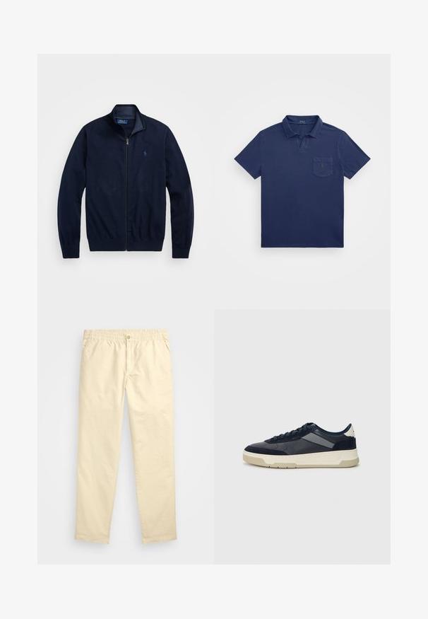 Jaqueta azul-marinho com fecho zip, feita de um tecido suave. Apresenta um colarinho elevado, punhos ribateados e um pequeno logótipo bordado no lado esquerdo do peito.; Polo azul-marinho com gola curta, um bolso no peito e um logótipo bordado. Feito de um tecido suave e texturado.; Polo Ralph Lauren POLO PREPSTER CLASSIC MINERAL DYED PANT - Chinos - natural; BOSS BALTIMORE - Sapatilhas - open blue