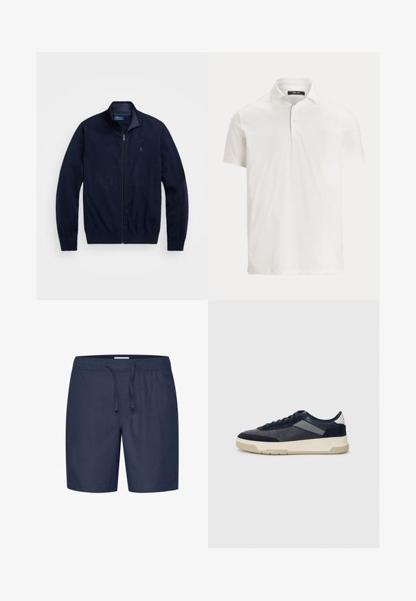 Námornícka zipová bunda vyrobená z mäkkej tkaniny. Obsahuje stojatý golier, rebrované manžety a malé vyšívané logo na ľavej hrudi.; Pánska biela polokošeľa s krátkym rukávom, golierom, dvoma gombíkmi a jemnou značkou na vnútornej strane goliera.; Casual Friday CFPHELIX LINEN MIX - Šortky - navy blazer; BOSS BALTIMORE - Tenisky - open blue