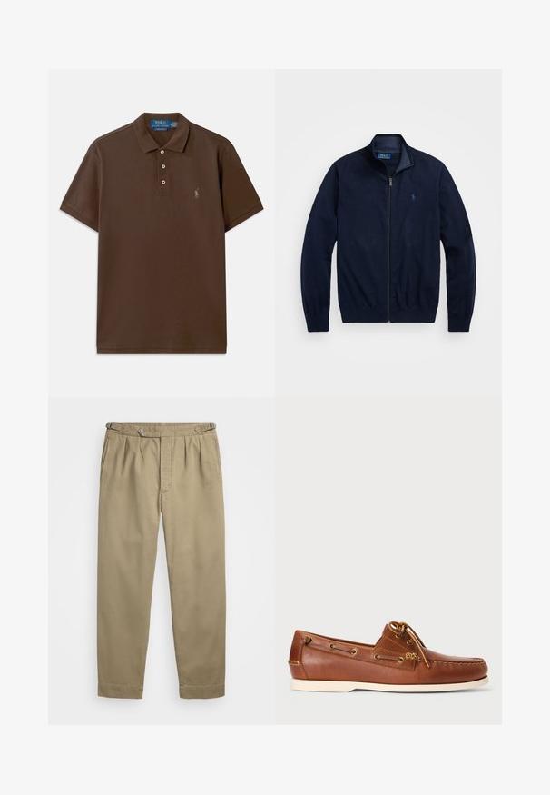 Mornarji zadrgo jopič, narejen iz mehkega blaga. Ima pokončno ovratnico, rebraste manšete in majhen vezen logotip na levi prsni strani.; Rjava polo majica iz bombaža, z zapenjanjem na tri gumbke in izvezenim logotipom na levi strani prsnega koša. Kratke rokave, klasičen kroj.; Bež hlače s plitvicami, narejene iz lahkega blaga, z gumbom in zvitimi manšetami. Gladka tekstura z čistimi linijami.; Rjave usnjene čolnarice z vezalkami, zlatimi luknjicami in smetanasto gumijastim podplatom. Oblikovane z dvignjenim šivnim vzorcem na konici.