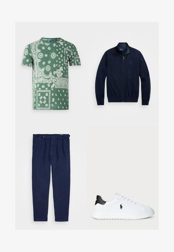 Jūras zilas krūšu jaka ar rāvējslēdzēju, izgatavota no mīkstas auduma. Tam ir pacelts apkakle, riboti piedurknes un neliela izšūta logo kreisajā krūtī.; Zaļš kokvilnas T-krekls ar sarežģītām baltām paisley un ziedu motīvām, apaļu kakla izgriezumu un īsām piedurknēm.; Kokvilnas jūras zila chinos bikses ar taisnu kāju griezumu, priekšējām krokām, pogu aizdari un sarullētām piedurknēm. Gluda tekstūra ar minimālisma dizainu.; Baltas zems sports apavi ar melnu papēdi un melnu Polo Ralph Lauren logotipu sānos, ar baltām auklām un biezu gumijas zoli.
