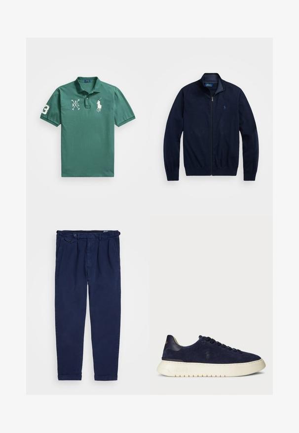 Marineblå zip-jakke, laget av mykt stoff. Har en stående krage, ribbestrikkede ermer, og en liten brodert logo på venstre bryst.; Grønn bomullspolo med klassisk krage, korte ermer, og broderte logoer og tall på forsiden og ermet.; Marine chinos laget av bomull, med rett benfassong, frontfolder, knappelukking og oppbrettede ermer. Glatt tekstur med minimalistisk design.; Marineblå semsket lavsko med en teksturert overflate, gummisåle og tonede snører, med en liten logo på siden og hælen.