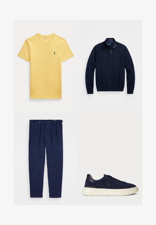 Námořnická zipová bunda vyrobená z jemné tkaniny. Má stojáčkový límec, ribbed manžety a malé vyšívané logo na levé hrudi.; Žluté bavlněné tričko s kulatým výstřihem a krátkými rukávy. Na levé straně hrudi je malý modrý vyšívaný motiv.; Námořnické chinos kalhoty vyrobené z bavlny, s rovnými nohavicemi, předními sklady, zapínáním na knoflík a ohrnutými manžetami. Hladká textura s minimalistickým designem.; Navy semišové nízké tenisky s texturovaným povrchem, gumovou podrážkou a tónovacími šňůrkami, s malým logem na boku a patě.