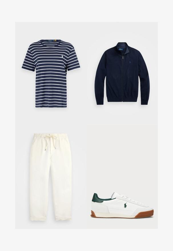 Jūras zilas krūšu jaka ar rāvējslēdzēju, izgatavota no mīkstas auduma. Tam ir pacelts apkakle, riboti piedurknes un neliela izšūta logo kreisajā krūtī.; Tumši zila kokvilnas t-krekls ar baltām horizontālām svītrām, īsām piedurknēm, apaļu kakla izgriezumu un nelielu izšūtu logo uz krūts.; Gaiši krēmkrāsas, ikdienišķi bikses, izgatavotas no mīkstas auduma. Iespējas ietver elastīgu jostu ar auklu un sašaurinātu kāju dizainu.; Baltas sporta apavi ar zaļiem ādas akcentiem un brūnu gumijas zoli. Iezīmēts ar auduma virsmu un izteiktu logotipu sānos. Ar auklām.