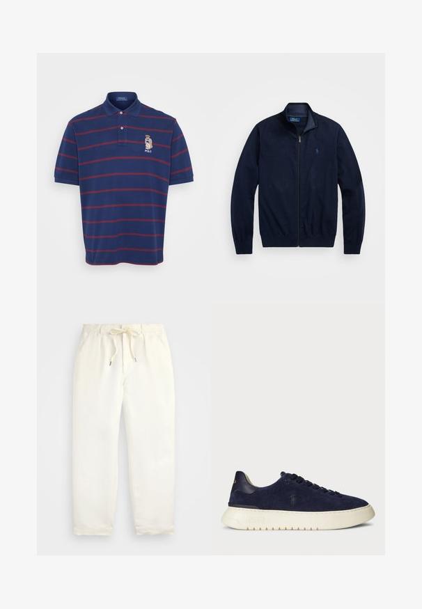 Tengerészeti zipzáras dzseki, puha anyagból készült. Álló gallérral, bordázott mandzsettákkal és egy kisebb, hímzett logóval rendelkezik a bal mellen.; Tengerészeti kék pólóing bordó vízszintes csíkokkal, két gombos gallérral és hímzett medve logóval a bal mellen. Pamut anyag, rövid ujjú.; Világos krém színű, puha anyagból készült könnyed nadrág. Rugalmas derékpánttal és húzózsinórral rendelkezik, valamint keskenyített lábdesign jellemzi.; Sötétkék velúr alacsony szárú sneaker, textúrázott felülettel, gumitalppal és azonos színű fűzőkkel, kis logóval az oldalon és a sarokon.
