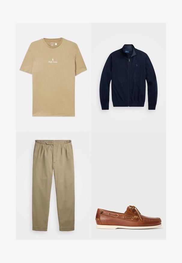 Mornarji zadrgo jopič, narejen iz mehkega blaga. Ima pokončno ovratnico, rebraste manšete in majhen vezen logotip na levi prsni strani.; Bež majica iz bombaža s kratkimi rokavi, ki na prsih nosi bel vezen logotip "Ralph Lauren" in grafiko ponija.; Bež hlače s plitvicami, narejene iz lahkega blaga, z gumbom in zvitimi manšetami. Gladka tekstura z čistimi linijami.; Rjave usnjene čolnarice z vezalkami, zlatimi luknjicami in smetanasto gumijastim podplatom. Oblikovane z dvignjenim šivnim vzorcem na konici.