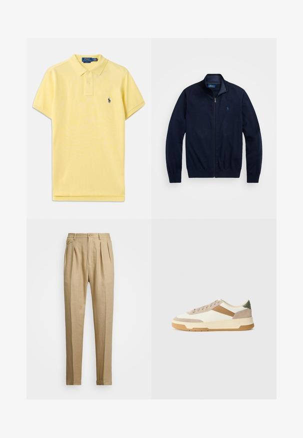 Marineblå zip-jakke, laget av mykt stoff. Har en stående krage, ribbestrikkede ermer, og en liten brodert logo på venstre bryst.; Gul polo skjorte laget av bomull, med klassisk krage, tre knappestolper, korte ermer og et brodert logo på brystet.; Beige linbukser med rett snitt, med to frontfold, knappeåpning og sidelommer. Teksturt stoff med en glatt finish.; Sneakers i beige, krem og oliven grønn, med semsket skinn og lærmaterialer, rund tå, minimalistisk design og gummisåle.
